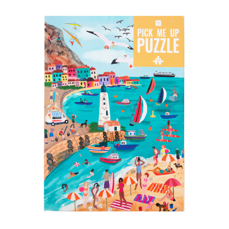 A 1000 piece puzzle of a seaside harbour on a white background.