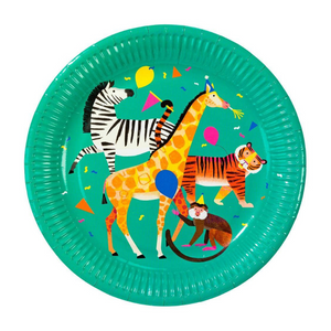 Teal colored paper plate with safari zoo animals printed on the plate wearing party hats and holding balloons. 