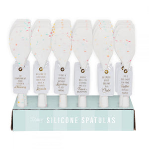 Silicone white confetti spatulas with cute and funny sayings.