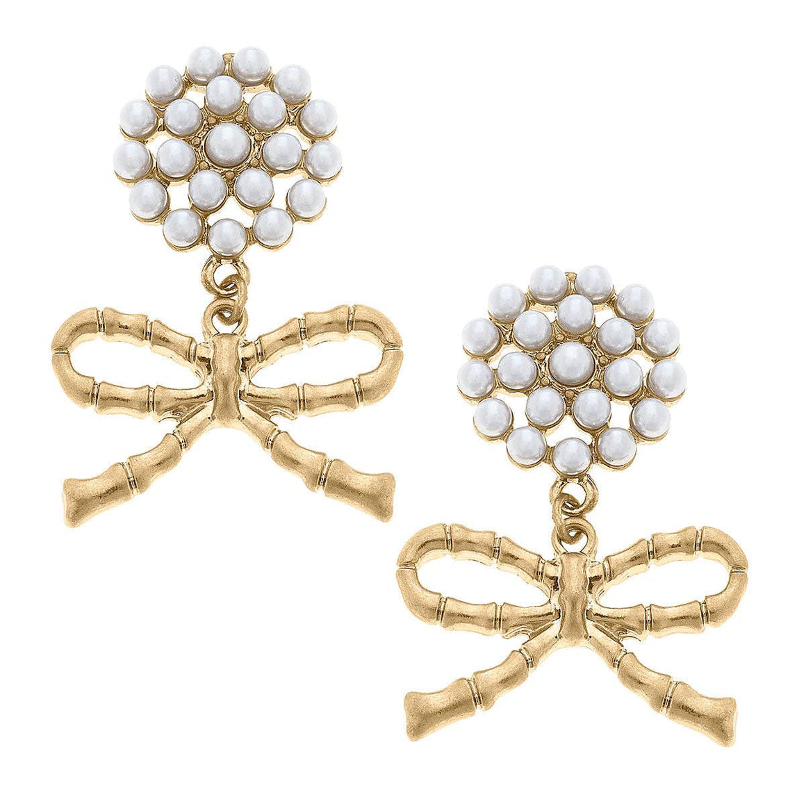Bamboo Bow Pearl Cluster Earrings in Worn Gold