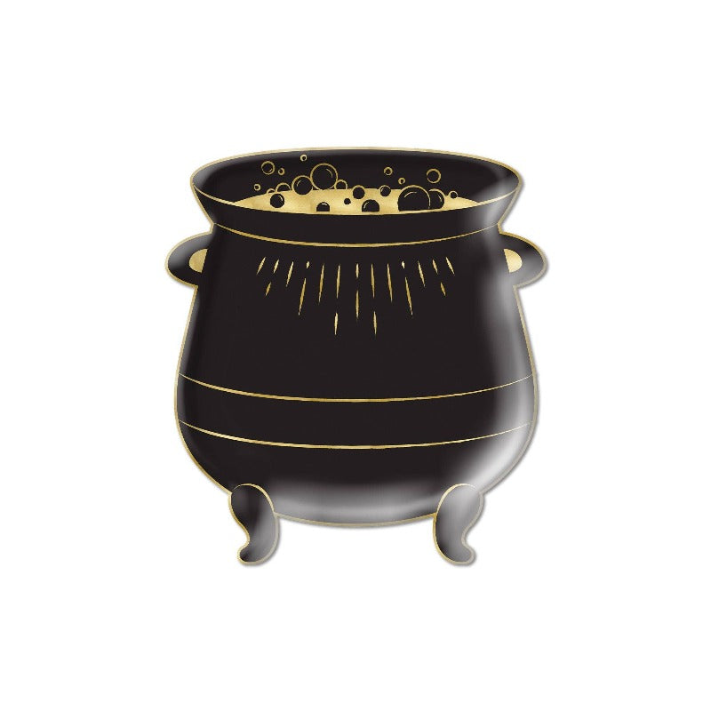 Black couldron shaped 9 inch plate with gold foil accents.