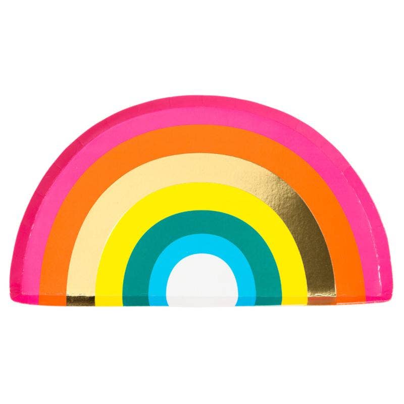 Bright rainbow plate with gold detail on a white background.