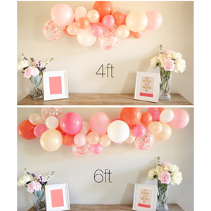A size example shows a 4 foot and 6 foot balloon garland made up of coral, pearl peach, rose, white, and matching confetti filled balloons sitting above a 6 foot table for comparison.