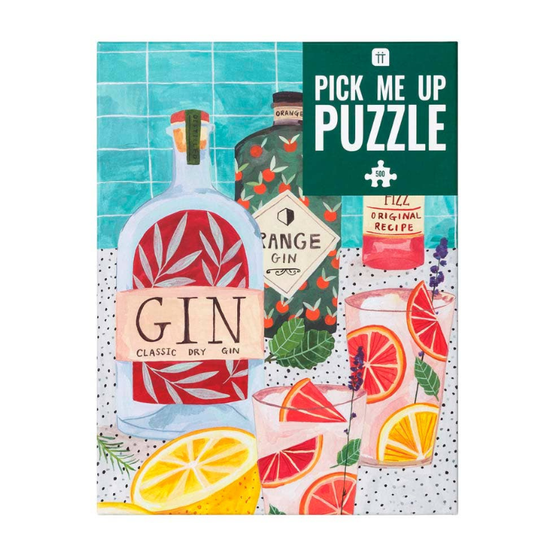 A 500 piece puzzle and poster of a gin illustration sits on a white background.