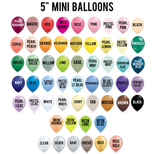 Photo of color options for 5 inch mini balloons sold by the company Glamfetti.