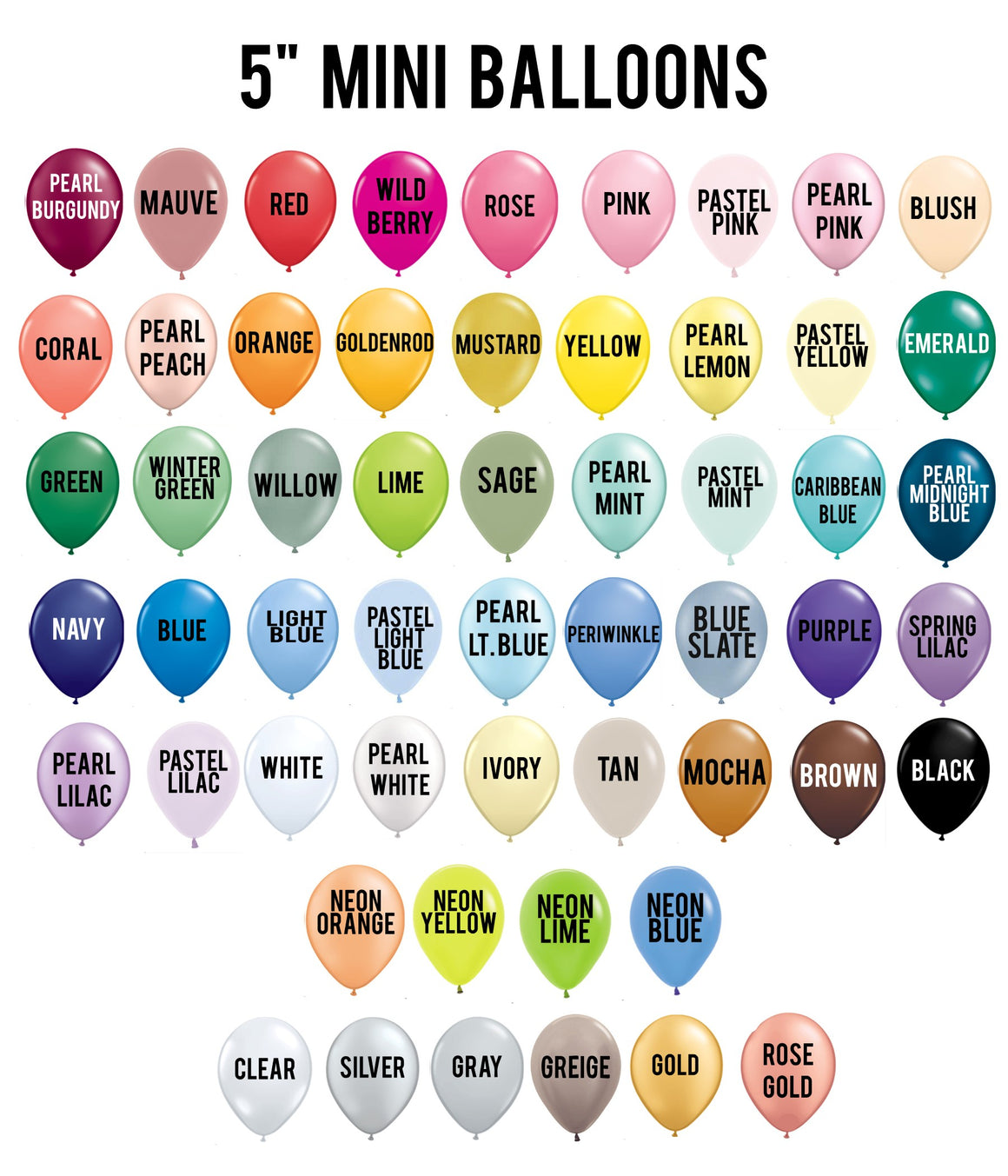A color chart depicting all of the available colors offered in the 5 inch sized balloons.