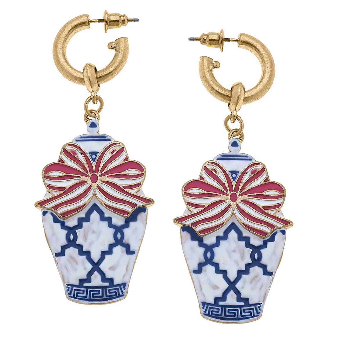 Jar Earrings in Blue, White & Pink Enamel