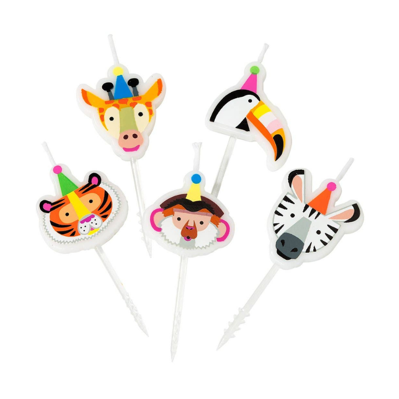 Five animal birthday candles, includes a lion, a giraffe, a toucan, a monkey, and a zebra.