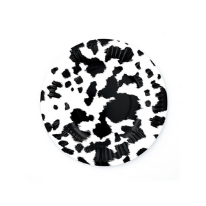 Black and white round paper plate with cowhide print.