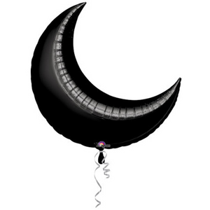 Photo of a black jumbo crescent moon balloon on a white background.