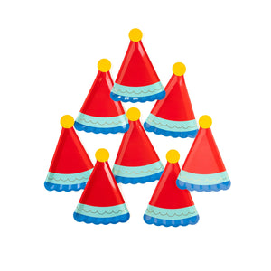 Set of 8 birthday hat shaped paper plates on a white background.