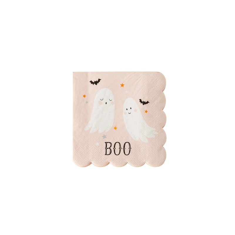 A photo of a blush colored napkin with two white ghosts and black bats printed with the word BOO.