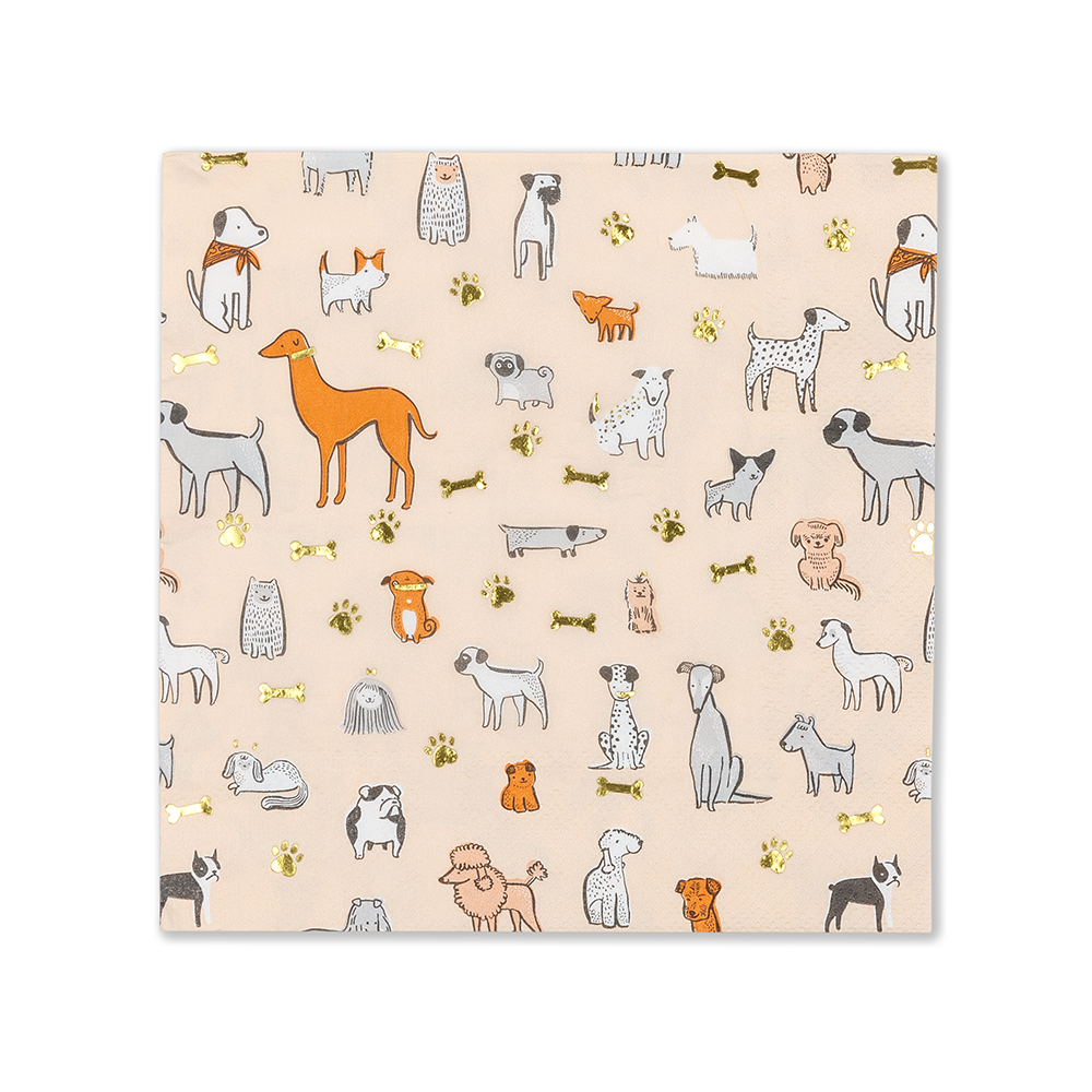 Cream colored napkin with multiple dogs on it and gold foil paw prints and bones.