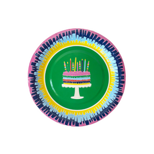 Green, pink, yellow, and blue dessert plate with a birthday cake printed on the center.