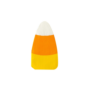 A photo of a candy corn shaped napkin on a white background.