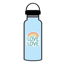 Blue bottle sticker that says LOVE IS LOVE.