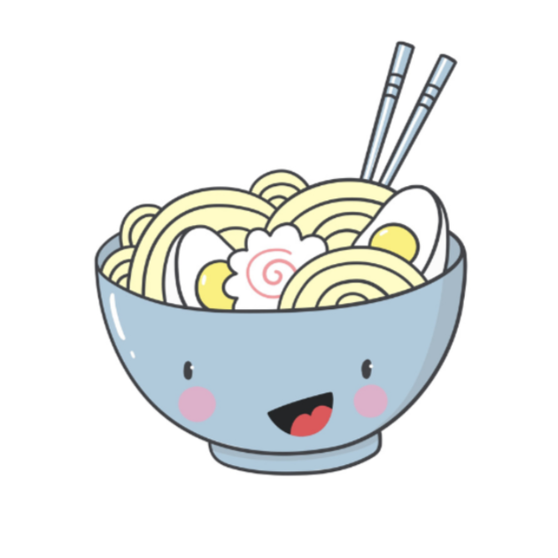 Blue bowl with ramen sticker.