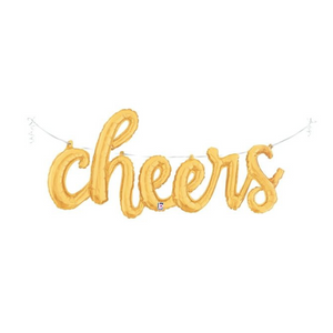 A 46" gold mylar "cheers" balloon on a white background.