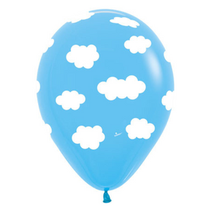 A light blue 11 inch balloon with white clouds printed on it.