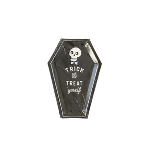 A black coffin shaped plate that read Trick or Treat Yoself in clear packaging.