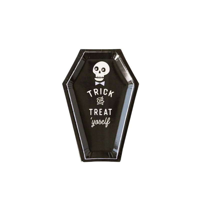 A photo of a black coffin shaped plate for Halloween parties.
