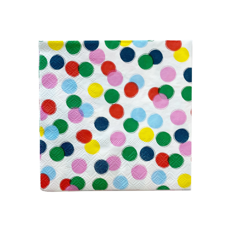 Dessert napkin with multi colored confetti dots design on a white background.