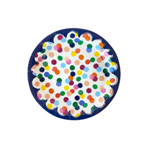 Dinner party plate with multi colored confetti dots design on a white background.
