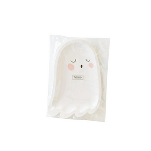 A photo of a cute white ghost shaped plate with pink cheeks in a clear package.