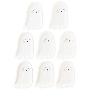 A photo of cute white ghost shaped plates with pink cheeks.