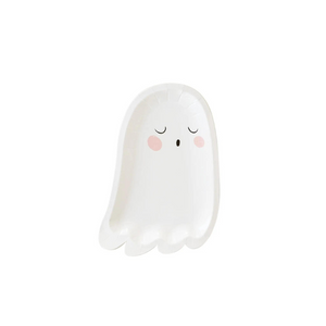 A photo of a cute white ghost plate with pink cheeks.