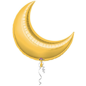 Photo of gold jumbo crescent moon balloon on a white background.