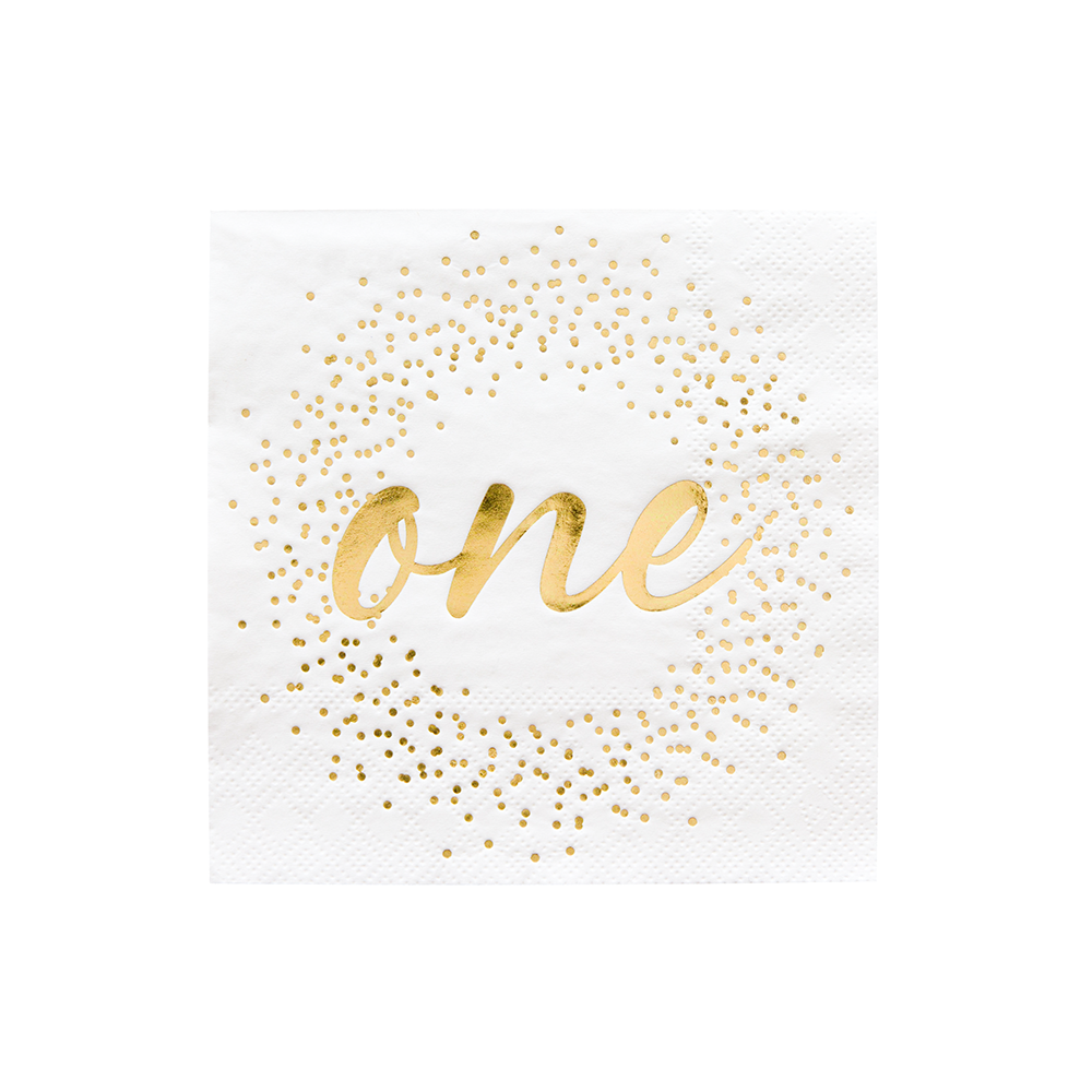 White napkins with gold foil cursive ONE written on it and gold confetti dots.