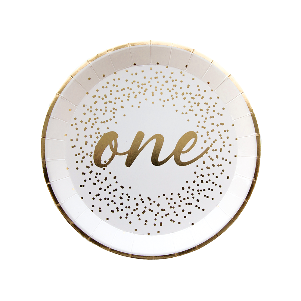Gold dessert plates with ONE written in gold.