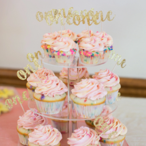Cupcakes with glitter gold cursive ONE cupcake toppers.