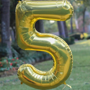 A jumbo gold number 5 balloon floating outside.