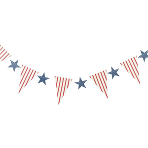 Red, white, and blue pendant and star banner in white background.