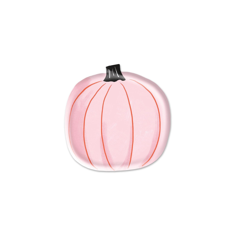 A 7 inch pink pumpkin plate for Halloween and Fall parties.