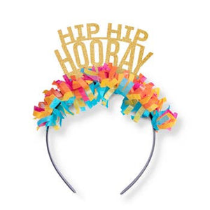 Colorful tissue headband with gold glitter word on it that say HIP HIP HOORAY.