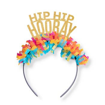 Colorful tissue headband with gold glitter word on it that say HIP HIP HOORAY.