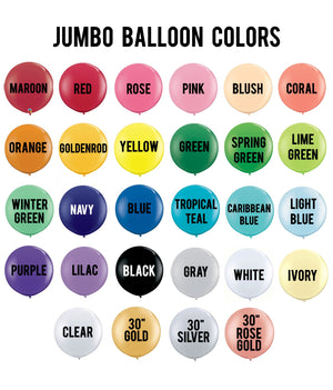 Photo with color options for jumbo balloons sold by the company Glamfetti.