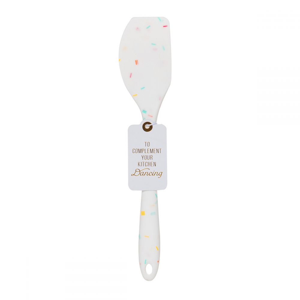 Silicone white confetti spatulas with cute and funny sayings.