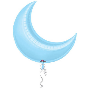 Photo of light blue jumbo crescent moon balloon on a white background.