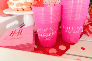 Hot Pink, Red, Pink, Blush Tissue Confetti lays on a table with pink Galentines cups.