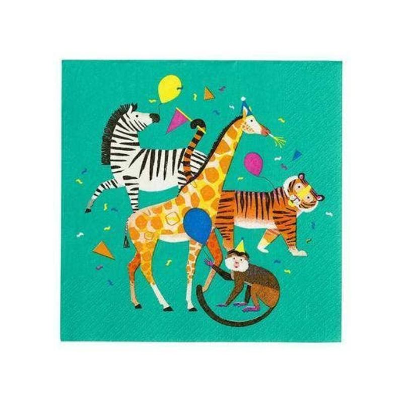 Teal color napkin with safari animals printed on the napkin wearing party hats and holding balloons.