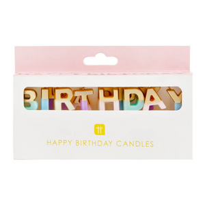 Pastel color candles spelling HAPPY BIRTHDAY on a white background.