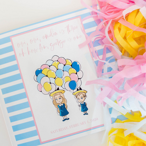 A pink, yellow, and blue party invitation for two little girls.