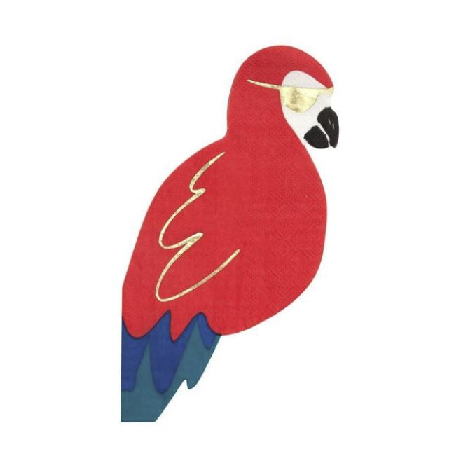 Red parrot wearing a gold eyepatch napkin on a white background.