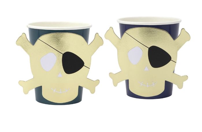 Photo of two black cups with a gold pirate skull on each cup.