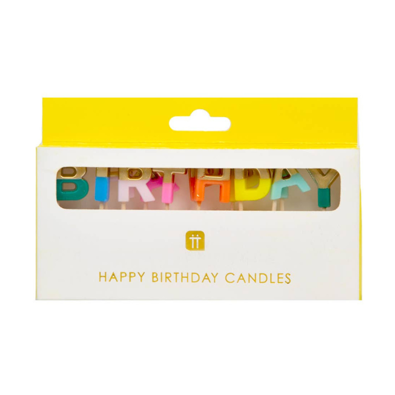 Photo of Rainbow Birthday Candles spelling HAPPY BIRTHDAY in a white and yellow package.
