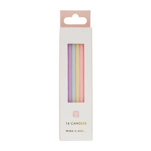 Photo of a pack of 16 pastel rainbow birthday candles on a white background.
